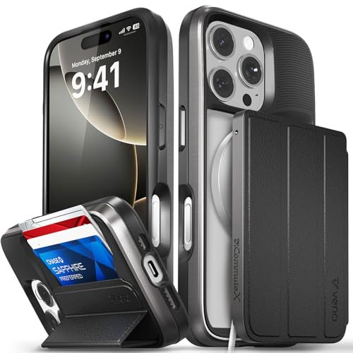 VENA vCommuteX for iPhone 16 Pro Wallet Case (MagSafe Compatible), [Military Grade Drop Protection] Detachable Leather Cover Slot Card Holder with Kickstand - Black