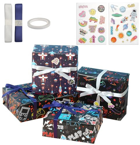 4 Bögen Spiele-Geschenkpapier für Jungen 70 X 50 cm, Geschenkpapier Geburtstag Junge, Videospiel-Geschenkpapier für Videospiel-liebhaber, und 1 Rolle Doppelseitiges Klebeband, 2 Bänder und 2 Aufkleber