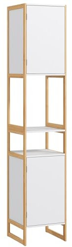 HOMCOM Meuble Colonne de Rangement de Salle de Bain, Armoire Haute, avec 2 niches et 2 placards, Porte Ouverture Pression étagère réglable, Bambou, 33 x 33 x 170 cm, Blanc