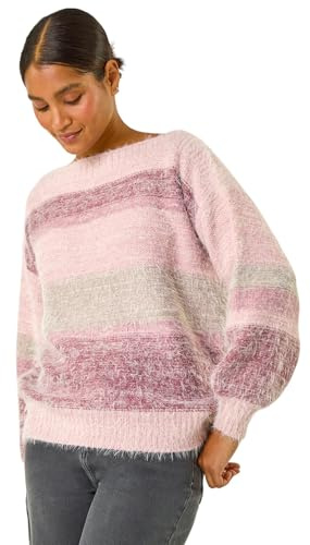 Roman Originals Stripe Soft Knit Jumper for Women UK - Ladies Everyday Autumn Winter Boat Neckline Comfy Soft Evening Vacation Work Party Night Out - Light Pink - Size 10