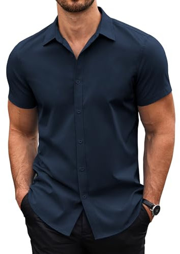 COOFANDY Mens Shirts Short Sleeve Dress Shirt Wrinkle Free Formal Casual Shirt Regular Fit Business Shirt Work Office Summer Shirt Navy Blue S