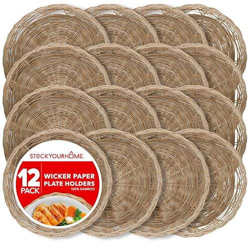 Stock Your Home 10-Inch Bamboo Paper Plate Holder (12 Count) - Paper Plate Holders Wicker Heavy Duty - Wicker Paper Plate Holder - Paper Plate Holders Bamboo - Paper Plate Holders Reusable - Natural