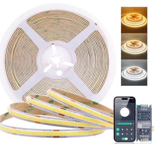 KISUFU 24V Tira de LED COB CCT, 576 LEDs/m Dimmable Luces LED 2 PIN Tira de LED con Aplicación Bluetooth 24v 200w fuente de alimentación inteligente de atenuación bicolor ac180-250V.