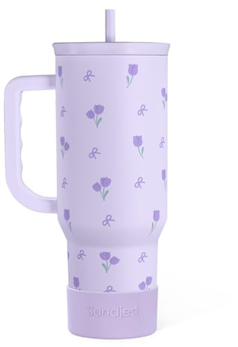 Floral 40oz Tumbler with Handle and Straw – Tulip Insulated Stainless Steel Travel Coffee Mug for Women Girls, Floral Gift Idea for Birthday Christmas Mothers Day