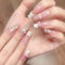 Square Stick On Nails Medium Long - 30PCS French False Nails with Glue, Flash Fake Nails with 3D Bow Heart Flash, Acrylic Full Cover French Press On Nail for Women Girls Nail Art Accessories