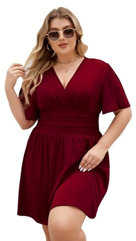 LIAMERHE Damen Übergröße Sommerkleid mit V-Ausschnitt und Schmetterlingsärmeln A-Linie Kurzarmkleid für Mollige Frauen Elegantes Casual Mode Freizeitkleid in Plus Size Burgund XL
