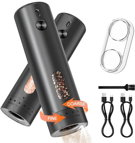 MERTTURM Set Macinapepe e Sale Elettrico, Macinino Ricaricabile USB con Base Trasparente/Macinino in Ceramica/Grana Regolabile, Funzionamento a Una Mano, Macinino Portatile per Cucina/Casa/Cucina/BBQ