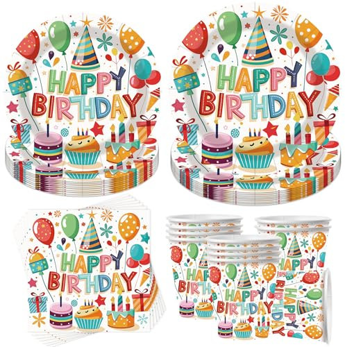 50 Stück Bunte Partygeschirr Set,Partygeschirr Geburtstag,Kindergeburtstag Geschirr Set,Kindergeburtstag Deko,Geburtstag Deko,Mit Teller Becher Servietten,Party Geschirr für 10 Gäste
