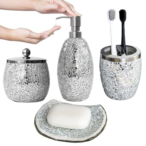 Escenzy Silver Bathroom Accessories Set 4 Pcs | Handcrafted Mosaic Glass Soap Dispenser, Toothbrush Holder, Cotton Jar, Soap Tray | Luxury Silver Glitter Bathroom Decor | Glam Home Gift