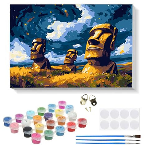 RICUVED Pierre Géante Moai Peinture par Numéros Kit 20x30cm pour Débutants avec Cadre en Bois –Paysage Peinture Par Numéros Pour Adulte Enfants Kit DIY Pinceaux, Peintures Décoration Murale