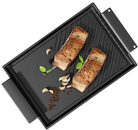 Cazooo Cast Iron Griddle Pan, Non-Stick Double-Sided BBQ Griddle Grill Pan with Handles, Flat and Ridged Surfaces, Rectangular Grill for Gas Electric Induction Open Fire Oven, 37.7 x 20.9cm