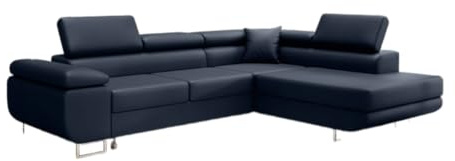 Luxusbetten24 Designer Sofa Aston mit Stauraum und Schlaffunktion | Bezug: Kunstleder | Farbe: Blau | Stellvariante: Rechts