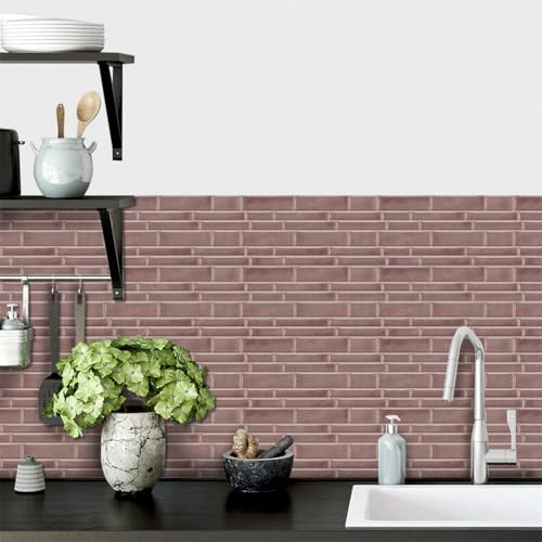 Piastrelle Adesive Cucina 12x24.6 cm Retro Mattone Rosa Piastrelle Adesive Bagno Impermeabile Pavimento pvc Adesivo Mobili Decorazione Armario Camino (12 Pezzi)