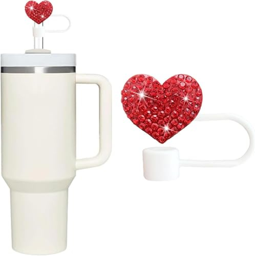 Bling Hearts Straw Covers Cap for Stanley Cup, Bling Diamond Rhinestone, 10mm Silicone Toppers, Straw Topper Compatible for Stanley 30&40 Oz Tumbler with Handle, Reusable Straws (Red)