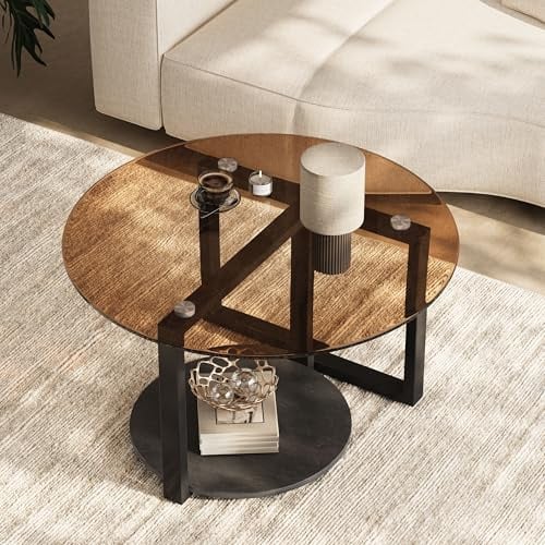 Artloge Runder Couchtisch aus Glas Amber: Wohnzimmertisch mit Ablage & schwarzem Metallgestell, Moderner Beistelltisch für Zuhause, Wohnzimmer Ø80 cm