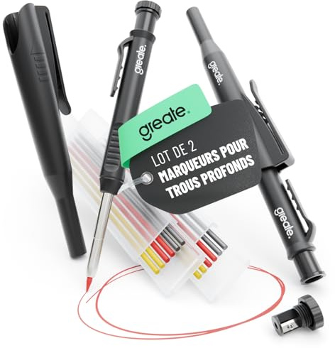greate Tieflochmarker Bleistift inkl. 7 Mienen & Spitzer - Baubleistift | 2er Pack Handwerker Baustellen Stift für Holz, Metall, Kunststoff, Fliesen und vieles mehr - Tiefenlochmarker, Markierstift