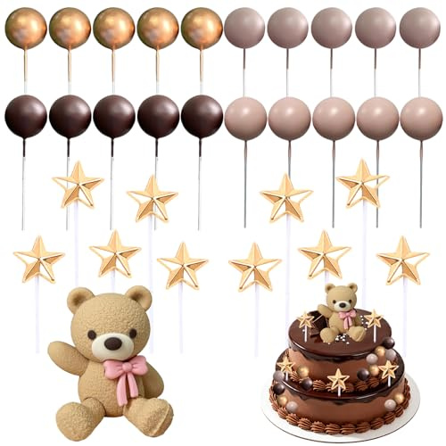 31pcs Teddy Bear Cake Toppers, Teddy Cake Topper with Balls and Stars | Baby Shower Cake Topper, Baby Shower Cake Decorations, Ball Cakes Toppers for Bear Theme Showers Birthday Party Decor