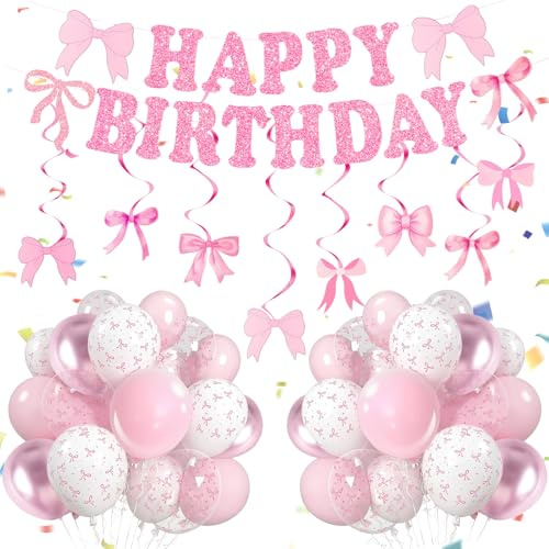 Happy Birthday Party Set Rosa Weiß – 30 Latex Luftballons mit Schleifen + Happy Birthday Girlande Rosa mit Schleifen Deko Geburtstag, für Babyparty, Hochzeit, Mädchen Deko