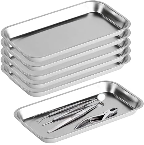 6 PCS Metal Laboratory Supplies Trays, 22,5×11,7×2cm Stainless Steel Rectangular Instrument Tray Small Tool Storage Trays for Lab Dental Tattoo