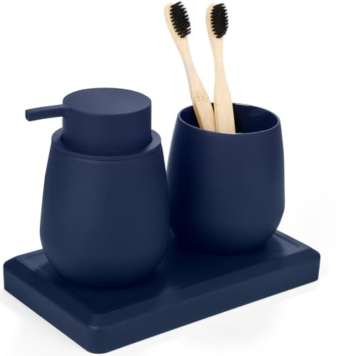 Modern Badezimmer Set Einschließen Seifenspender und Zahnputzbecher Tablett | AJEUNGAIN Badezimmer Set Accessoires Blau 3 Teiliges Seifenspender Zahnputzbecher Set Tablett Badezimmer Organizer