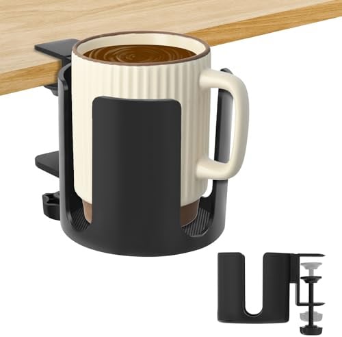 Clamp-On Desk Cup Holder, Adjustable Table Edge Drink Holder with Anti‑Slip Silicone Pads, Under Desk Mug Holder for Coffee Cups, Water Bottles, Gaming Table, Office, Dorm Organizer