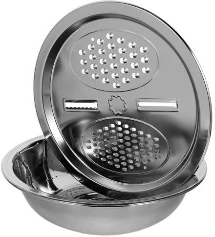 YARNOW Rallador Multifunción de Acero Inoxidable 28 Cm, Juego 3 Piezas Palangana, Cesta Coladora y Rallador para Verduras y Frutas, Utensilio Cocina Práctico y Duradero para Escurrir