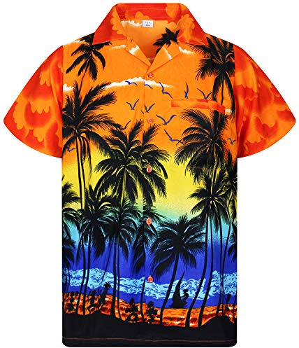 V.H.O. Funky Hawaii-Hemd Herren Kurzarm Front-Tasche Standard-Fit Sommer-Hemd Strand Urlaub Palmen