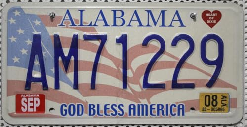 USA_Auswahl_von_Fahrzeugschildern Original KFZ Nummernschild Alabama, USA Auto-Kennzeichen (Sternenbanner Grafik), Metallschild US License Plate God Bless America