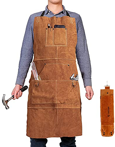 QeeLink Lederschürze - Schweißerschürze aus Leder mit 6 Werkzeugtaschen, Flammhemmende und Hitzebeständig Arbeitsschürze mit Verstellbar Cross Back Gurte (61 x 91cm)