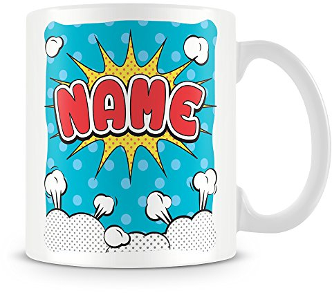 Personalised Mug - Add Name - Comic Style Design - Ideal Mug for Work or Gift - Blue