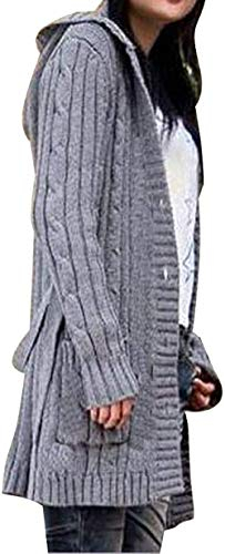 Unbekannt Damen Strickjacke lang mit Kapuze Cardigan Kapuzenpullover Grobstrick Mantel (Grau)