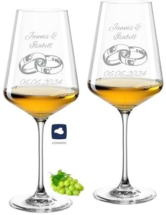 laser-diele Leonardo Weingläser mit Gravur - Hochzeitsringe - Personalisiert mit Namen und Datum - Hochzeitsgeschenk für das Brautpaar - 560ml Puccini