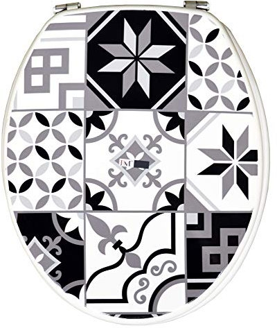 BM 4116 Copriwater Sedile Tavoletta WC Universale Coperchio Toilet Seat Bagno in Legno MDF Grigio Nero Decorato Motivo Geometrico Sfondo Bianco, Misura Standard Fissaggio dal Basso Cerniere in Acciaio