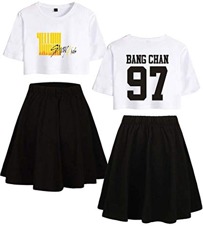 Flyself Damen Kpop Stray Kids T-Shirt & Kurze Rock Set Yellow Wood Crop Tops Shorts Anzug Mode Sport Oberteile Sommerkleidung Bang Chan Changbin Hyunjin Felix Seungmin Jeongin Jisung Minho Woojin