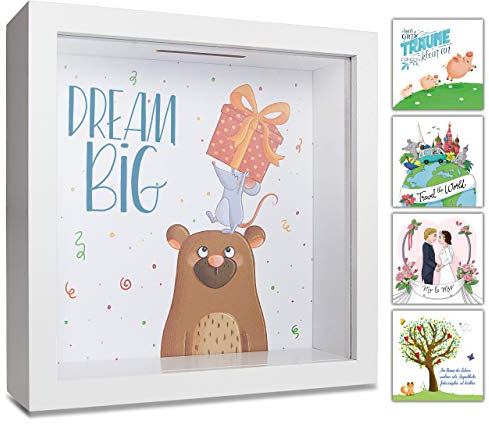 GLÜCKSWOLKE - Spardose Kinder I Motiv Dream Big I Money Box Kids I Piggy Bank for Girl Boy I Photo Frame I 3D Picture Box I Moneybox I Gifts for Cash to Birthday, Baby Shower, Christmas or Christening