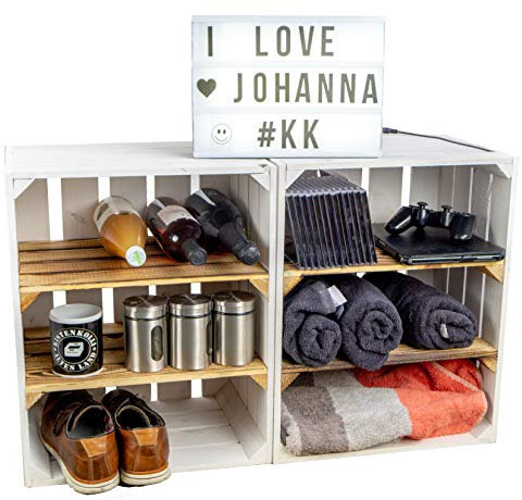 2er Set Nachttisch Abstelltisch Nachtschrank Nachtkommode Beistelltisch Bücherregal Schuhregal ca 30x40x55cm Regalkiste Flaschenablage Weinregal Apfelkiste / Weinkiste (WEISS DOPPELT QUER FLAM)