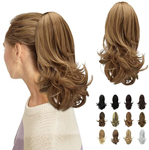 Sofeiyan 33cm Pferdeschwanzverlängerung Langer Lockiger Pferdeschwanz Clip in Klaue Haarverlängerung Natürlich Aussehendes Synthetisches Haarteil für Frauen, Helle Blondinenmischung Erdbeerblond
