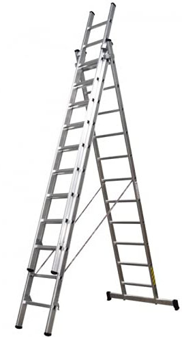 Escalera Profesional 3 tramos de Aluminio, Apertura en Tijera con tramos Extensibles, Barra estabilizadora con Tacos de PVC, 3 (tramos) x 13 (peldaños) Altura: 3,5mt +3,5 MT +3,5mt,