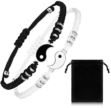 2 Passende Armbänder Ying Yang Beste Freundin Valentinstag Verstellbare Partnerarmbänder Geflochtene mit Magnet für Paare Frauen Männer (Silberperle, Yin Yang Stil)