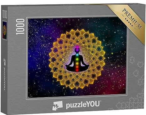 puzzleYOU: Puzzle 1000 Teile „Mann mit Sieben Chakren auf goldenem Mandala“ – aus der Puzzle-Kollektion Chakra, Menschen