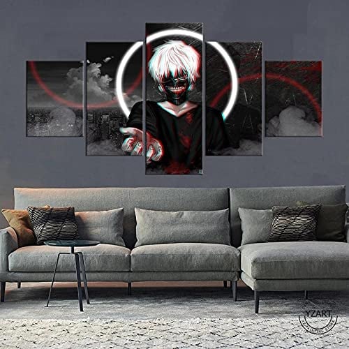 Wondbeau Leinwanddrucke Modulare Wandkunst Wandaufkleber 5 Teiliges Wandbild Druck auf Leinwand Malerei Moderne Abstrakte Poster Mit Rahmen L/150cm×80cm Tokyo Ghoul,Kaneki Ken,Anime Artwork