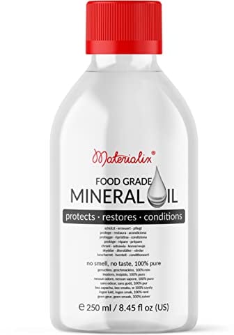 Materialix Mineralöl in Lebensmittelqualität (250ml) - für Produkte wie Holz, Bambus, Stein, Schiefer, für Schneidebretter, DYI-Kosmetik, Balsame, Cremes, Lotionen, Haarpflege, Salben eignet.