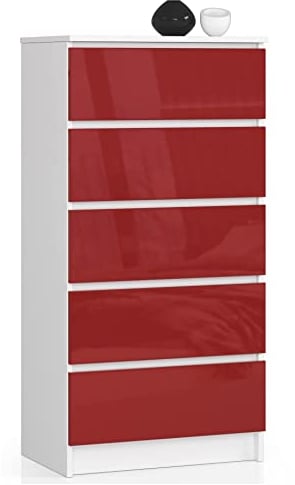 AKORD Kommode K60 mit 5 Schubladen | für das Wohnzimmer Schlafzimmer Schrank Büro Arbeitszimmer | Modernes Funktionales Design | B60 x H121 x T40 cm, Gewicht 39kg | Weiß/Rot Glänzend