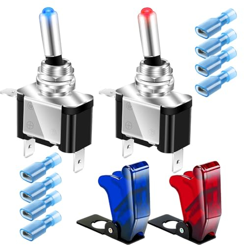 Guuzi 2pcs Interruptores de Palanca con Cubierta de Luces LED,Interruptor Basculante de Cubierta Iluminada con LED Azul+Rojo,3 pines SPST(20A 12V-24V CC) con 2pcs Cubiertas Impermeables