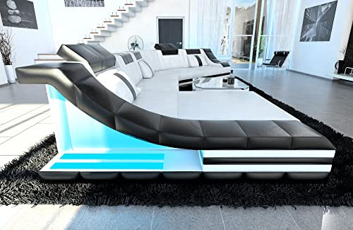 Couch Wohnlandschaft Turino CL Form Sofa in Leder - mit LED Beleuchtung, verstellbare Kopfstützen, Recamiere/Lederfarben wählbar/Ausrichtung wählbar (Ottomane Links, Weiß-Schwarz)