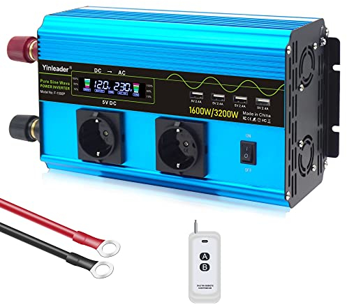Yinleader Wechselrichter 12V 230V 1600W / 3200W Reiner Sinus-Spannungswandler | 2 x Steckdosen und 4 USB-Anschlüsse | 10 m drahtlose Fernbedienung