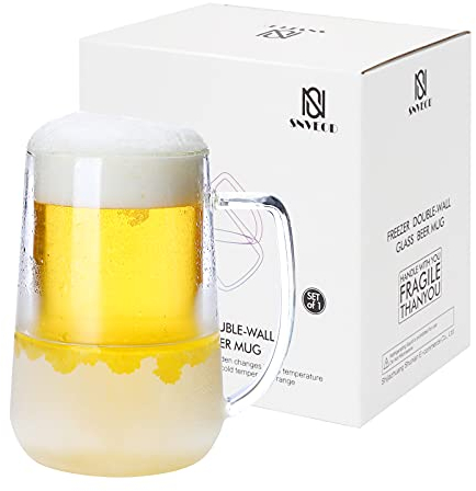 Bierkrug für Gefrierschrank, Einfrieren von Biergläsern, doppelwandiger Borosilikat-Bierkrug mit Griff und Gefrierflüssigkeit, 473 ml, Gefrierbecher, Kaltbecher, Gefrierschrankbecher, 1 Stück