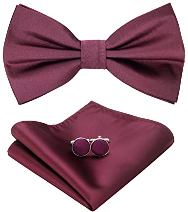 HOULIFE Fliege Herren Set - Verstellbare Fliege aus Satin Polyester Vorgebunden Fliege, einfarbige Einstecktuch, Manschettenknöpfe Set für Bräutigam Hochzeit formal mit Geschenkbox