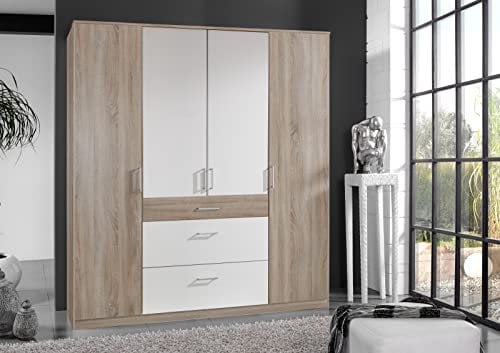möbelando Kleiderschrank Click aus Spanplatte in Eiche-Sägerau-Nachbildung mit 3 Schubladen und 4 Türen. Abmessungen (B/H/T) 180x198x58 cm