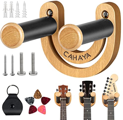 CAHAYA Guitar Wall Mount Hanger Guitar Hook Stand Width Adjustable Smiling U-Shaped with 5 Picks and 1 Pick Holder Bag for Acoustic Electric Guitar Bass Banjo Ukulele Mandolin, Model CY0297